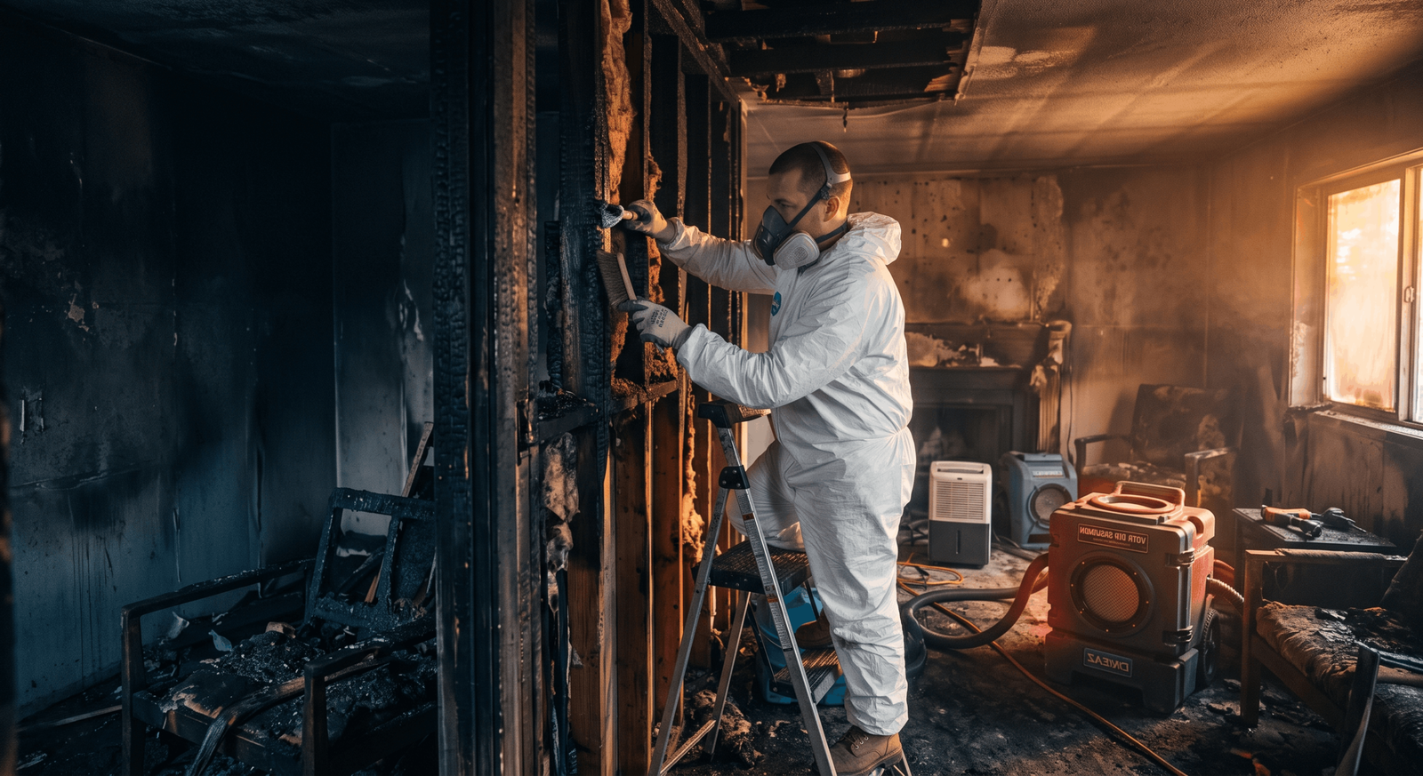 Technician cleaning wet soot residue after a Garland kitchen fire