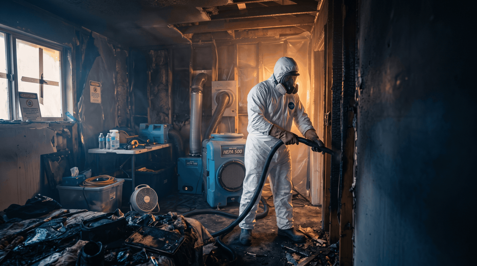 Garland fire damage restoration crew performing emergency board-up after a house fire in Garland TX